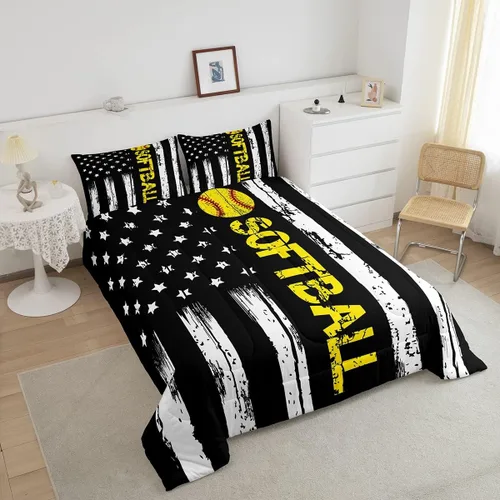 Miniatura 4 de Juego de edredón con bandera de Estados Unidos, juego de ropa de cama de béisbol y sóftbol, tamaño Queen, edredón acolchado con estrellas blancas