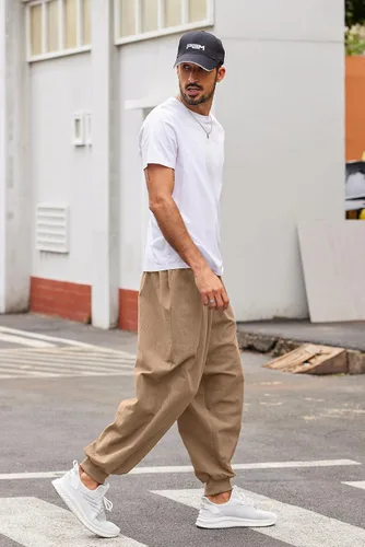 Miniatura 3 de COOFANDY Pantalones de harén hippie para hombre, holgados, de lino, algodón, pantalones de yoga, pantalones de playa de verano, pantalones casuales