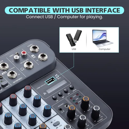 Miniatura 7 de Mezclador de audio DJ de 4 canales, mezcladores de sonido, placa de mezcla de sonido XLR 1/4" de interfaz, entrada BT USB MP3 para computadora
