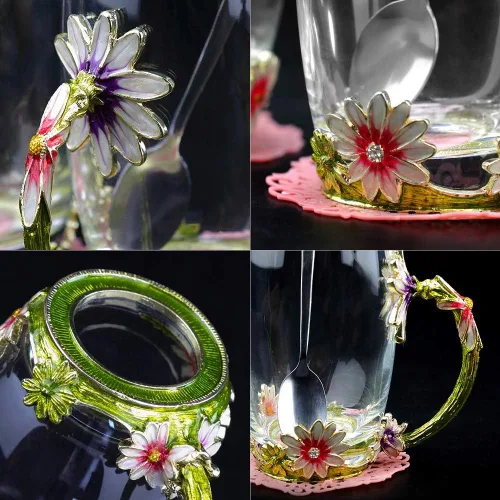 Miniatura 4 de Taza de té de flores de margarita, tazas de café esmaltadas de vidrio hechas a mano con cuchara delicada, regalo de cumpleaños para esposa, madre