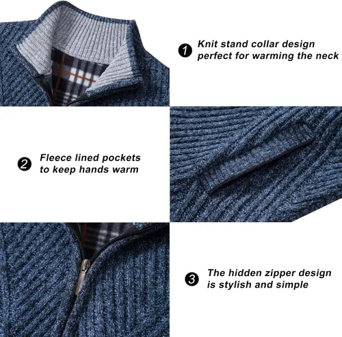 Miniatura 41 de VtuAOL Suéteres tipo cárdigan para hombre, con cremallera completa, cuello alto, cárdigan de punto casual con bolsillos