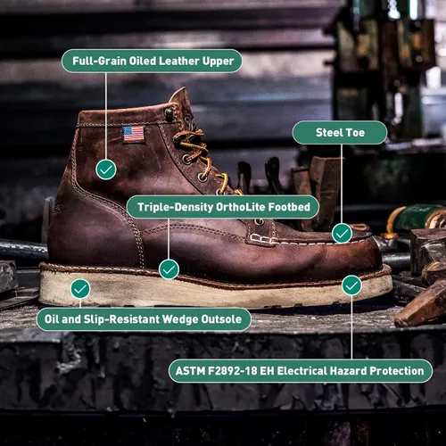 Miniatura 6 de Danner Botas de trabajo Bull Run de 6 pulgadas con punta de acero para hombre, cuero aceitado de grano completo con suela de cuña antideslizante