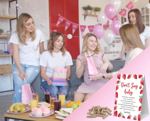 Miniatura 5 de Juego de pinzas para ropa de bebé, 1 letrero y 50 mini pinzas para la ropa, decoraciones de baby shower de fresa, juegos de baby shower