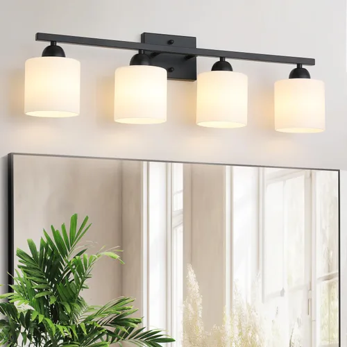 Miniatura 17 de Mecgirn Luces de tocador de vidrio de leche de acero inoxidable para baño, 2 lámparas de baño doradas claras sobre espejo, enchufes E26 de cerámica