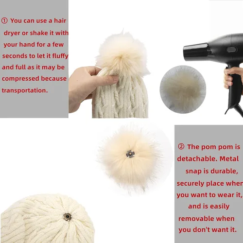 Miniatura 4 de Sombreros de invierno para mujer, gorro de punto con forro polar cálido, pompón de piel sintética extraíble