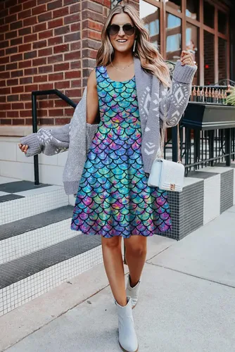 Miniatura 3 de uideazone - Vestido de mujer sin mangas cuello redondo de verano, para playa, casual, Midi línea A.