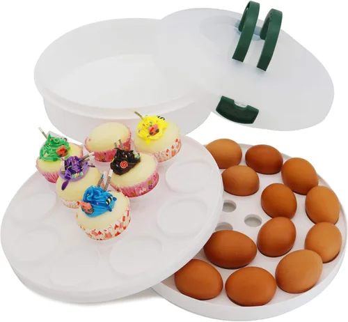 Miniatura 2 de Porta pasteles portátil de 10 pulgadas con tapa y bandeja 3 en 1, recipiente redondo para cupcakes, soporte para huevos, muffins, tartas, galletas