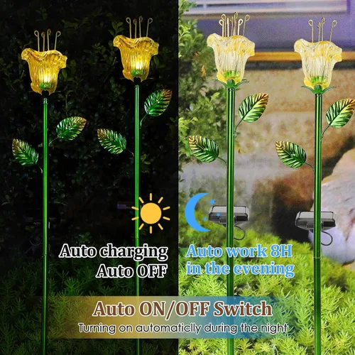 Miniatura 5 de VChymm Paquete de 2 flores decorativas solares, luces de lirio de vidrio amarillo impermeables, encendido/apagado automático para jardín, patio