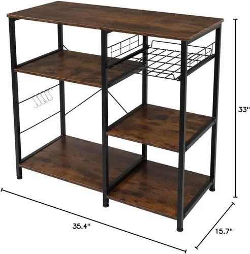 Miniatura 3 de Estante industrial para hornear de cocina con 5 ganchos y cesta de tirar, estante de almacenamiento para microondas, organizador de estación