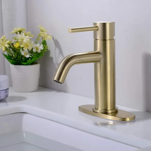 Miniatura 2 de TRUSTMI Grifo de baño de oro cepillado de un solo agujero, grifo de latón moderno para fregadero de baño, placa de cubierta de 6 pulgadas y drenaje