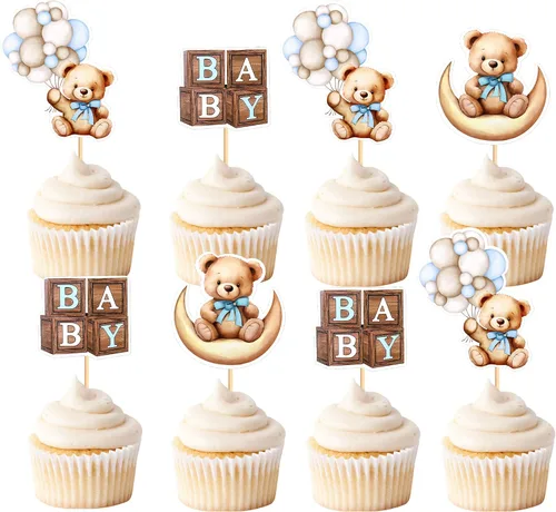 Miniatura 13 de 24 piezas de decoración para cupcakes con temática de "We Can Bearly Wait" Oso de globos brillantes, decoración temática de revelación de género