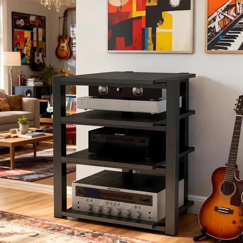 Miniatura 9 de Av - Estante de audio resistente, soporte para reproductor multimedia con estantes de madera, gabinete de equipo estéreo de CD negro, adecuado