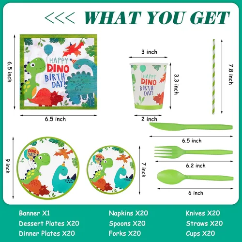 Miniatura 3 de Tessco - 193 piezas de suministros para fiesta de cumpleaños de dinosaurios, incluye platos, tazas, servilletas, pancartas, cuchillos, tenedor