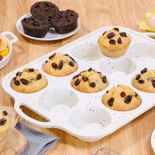 Miniatura 9 de CAKETIME Moldes de silicona para magdalenas para hornear, marco reforzado con metal, 12 tazas regulares y 24 tazas mini, juego de moldes