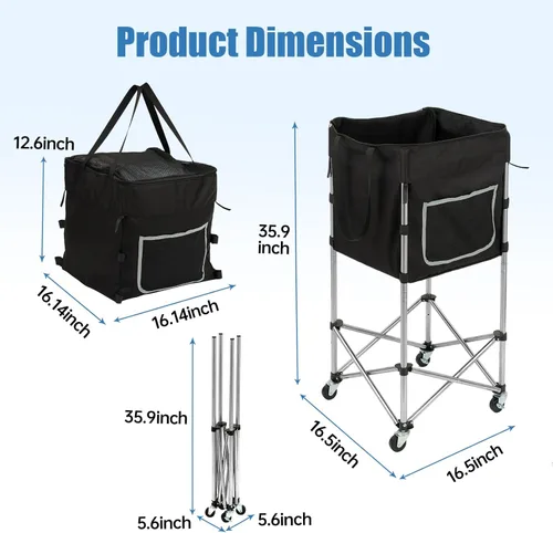 Miniatura 6 de Carrito de pelota de tenis con ruedas y freno (capacidad 180) - Marco de acero inoxidable resistente con bolsa lavable desmontable - Tolva de viaje