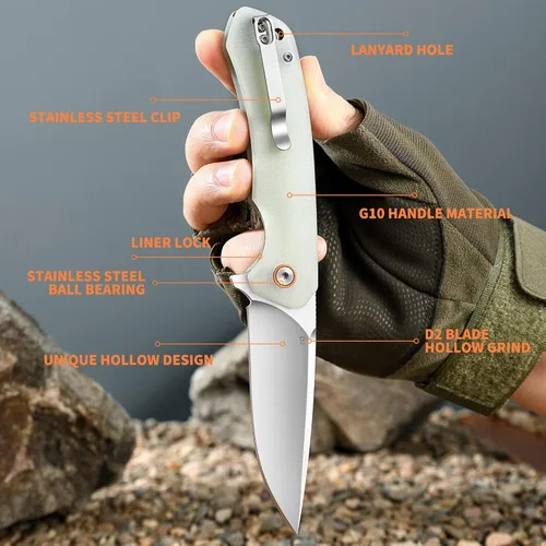 Miniatura 2 de Cuchillo de bolsillo para hombre, acero D2 y mango G10, 3.54 pulgadas de longitud de la hoja, cuchillos de bolsillo con clip y cuchillos plegables