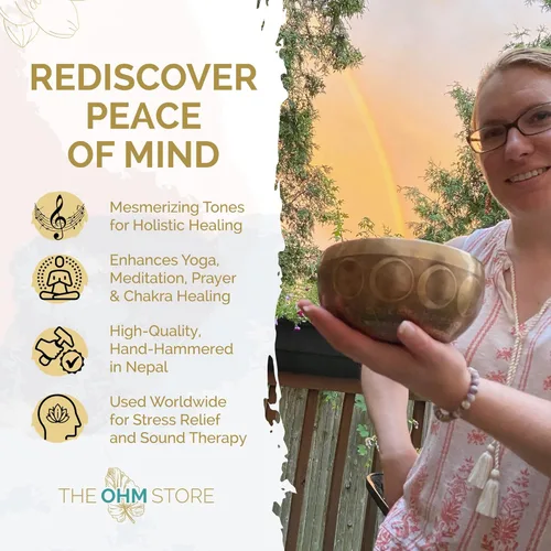 Miniatura 3 de Ohm Store - Juego de cuencos tibetanos grandes de diseño antiguo, cuenco de sonido relajante de meditación de tono profundo y mazo de madera hecho a