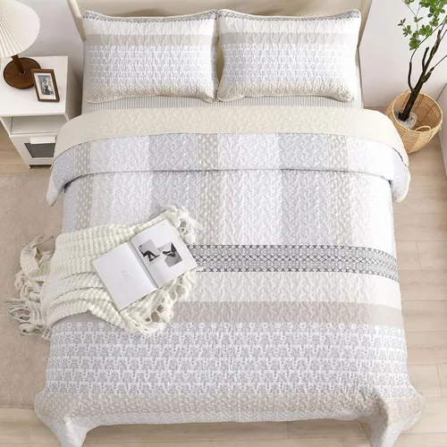 Miniatura 4 de WONGS BEDDING Juego de edredón beige tamaño individual, juego de edredón de rayas bohemias de 3 piezas, juego de colcha acolchada de microfibra