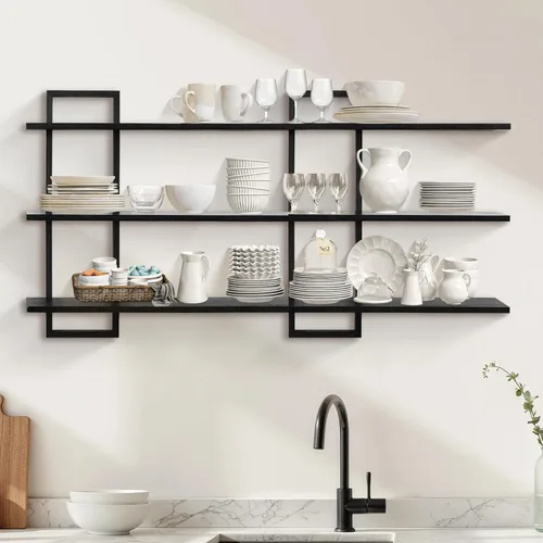 Miniatura 6 de PHOENANCEE Estantes de pared de 3 niveles, estante flotante decorativo para pared, estante de fotos de plantas, estantes de madera para sala de Negro