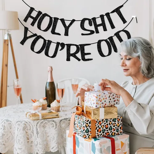 Miniatura 7 de Cartel de Holy You're Old con purpurina negra para 30, 40, 50, 60, 70, 80, 90, divertido cartel de cumpleaños, banderines, decoración de fiesta
