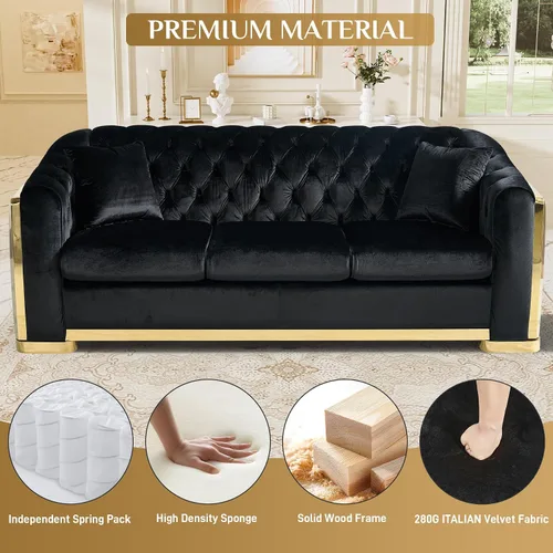 Miniatura 4 de DAMAIFROM Sofá Chesterfield moderno de mediados de siglo, sofá de terciopelo de 62"+84" pulgadas, sofá de terciopelo negro y dorado, sofá curvo