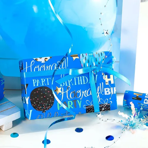 Miniatura 5 de WRAPAHOLIC Papel de regalo para cumpleaños - Rollo mini - 17 pulgadas x 16.5 pies - Papel de regalo azul dorado con foil brillante de feliz Azul