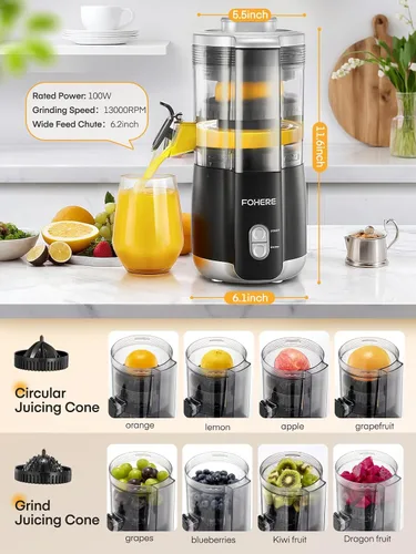 Miniatura 2 de FOHERE Exprimidor eléctrico de cítricos, máquina exprimidora de naranja manos libres con 2 conos intercambiables, exprimidor automático de jugo