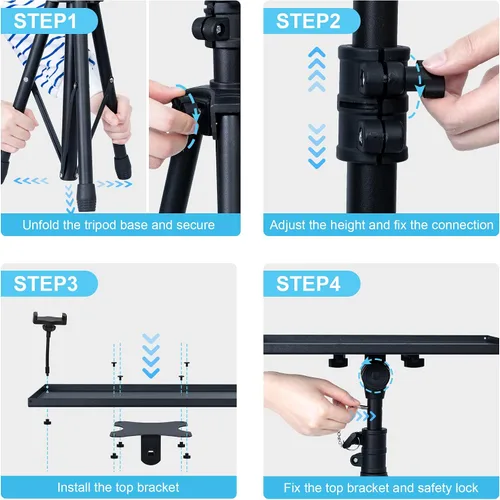 Miniatura 7 de Trípode ajustable para proyector, altura de laptop de 23.5 a 46.5 pulgadas con soporte para teléfono de cuello de cisne, piso para oficina, hogar