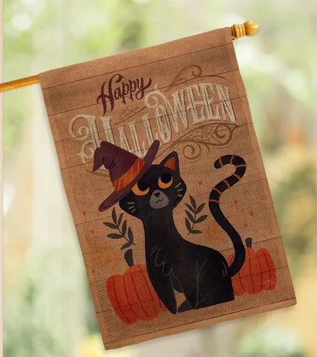 Miniatura 10 de Breeze Decor Juego de bandera de arpillera de gato brujo, decoración de calabaza, decoración de calabaza para otoño, Halloween, Halloween, bruja