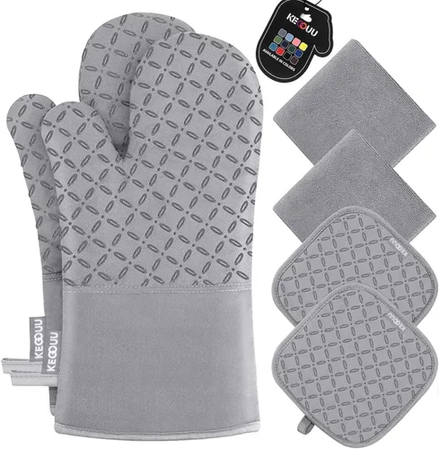 Miniatura 23 de KEGOUU Juego de 6 manoplas para horno y soportes para ollas, guantes para horno de cocina, resistentes al calor, 500 grados, extra largos