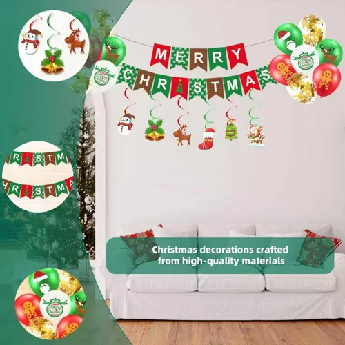 Miniatura 3 de Cartel de decoración de Feliz Navidad, decoración colgante de interior para fiesta de Navidad con 6 serpentinas en espiral y 14 globos