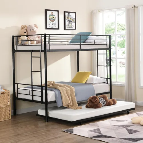 Miniatura 3 de EMKK Litera de metal individual sobre individual con cama nido, marco de literas resistentes con 2 escaleras laterales, litera convertible