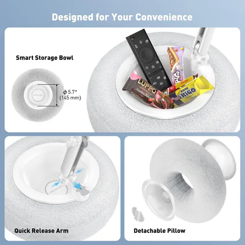 Miniatura 6 de AboveTEK Soporte de almohada Kindle, soporte magnético para iPad para cama con cuenco de aperitivo, almohada suave ajustable de 360° para leer, Gris