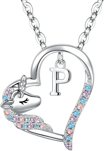Miniatura 21 de Anoup Collar con inicial de unicornio, chapado en oro de 14 quilates, hipoalergénico con circonita cúbica, colgante de diamante simulado, joyería