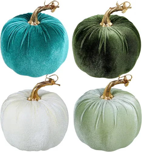 Winlyn 4 calabazas decorativas de terciopelo rústico sintético, color verde, verde azulado, blanco, 5 pulgadas, para regalos, otoño, boda, Acción de