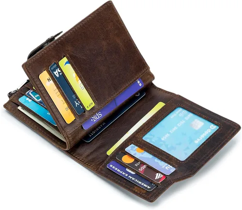 Miniatura 26 de LUKZIJAES Billetera de cuero genuino para hombre, con bloqueo RFID, delgada, plegable, bolsillo frontal, #3-Café, Vintage