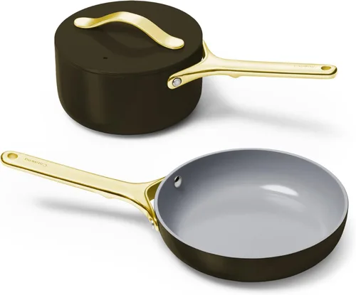 Juego Mini de Utensilios de Cocina Caraway - Sartén Antiadherente de Cerámica (1.05 qt, 8") Cacerola (1.75 qt) y Estante de Almacenamiento - No