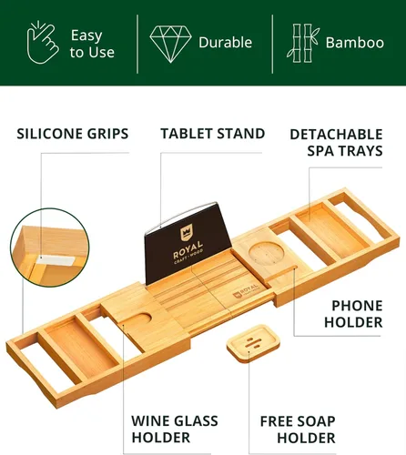 Miniatura 5 de ROYAL CRAFT WOOD Bandeja de Caddy para Bañera de Bambú, Estante de Baño Premium Plegable de Madera, Mesa de Baño de Bañera Extensible y Accesorios