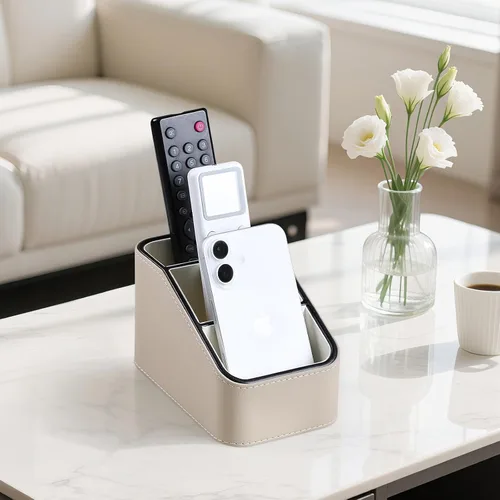 Miniatura 6 de Soporte para control remoto de piel sintética, organizador de escritorio pequeño, suministros de oficina, mesita de noche para mesa auxiliar, Beige