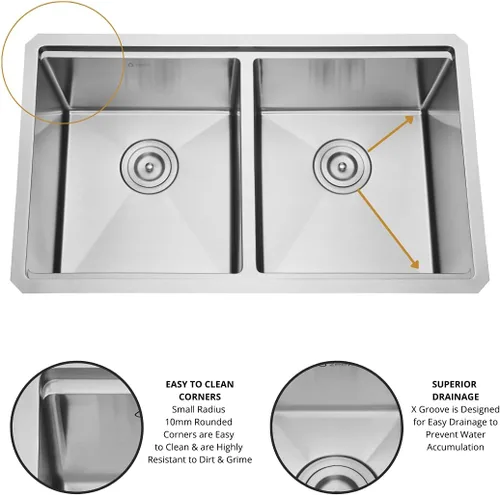 Miniatura 6 de ZEEK Fregadero de cocina con estación de trabajo de doble cuenco de montaje inferior 32 con accesorios, calibre 16, acero inoxidable 50/50 tazón