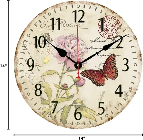 Miniatura 8 de Reloj de pared silencioso de 14 pulgadas sin tictac, relojes de pared con números arábigos grandes, reloj redondo de madera con patrón de mariposa