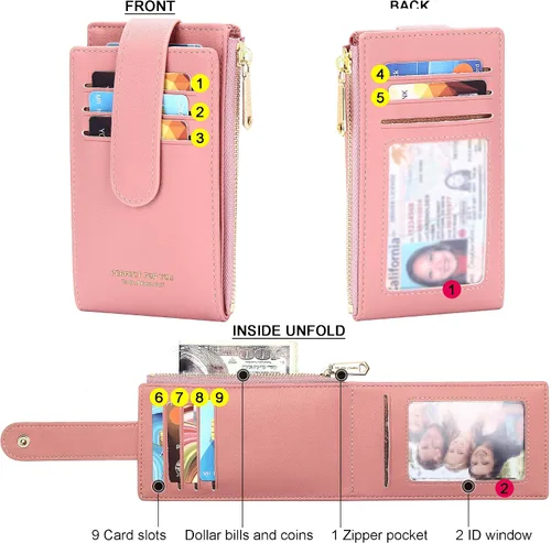 Miniatura 5 de OIDERY Cartera con tarjetero RFID para mujer, delgada, plegable, con cremallera, organizador de tarjetas, carteras con caja de regalo, Rosado
