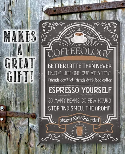Miniatura 7 de Coffeeology - Letrero de metal con citas de café, arte de pared divertido vintage de 8 x 12 pulgadas, letrero de lata duradero para cafetería