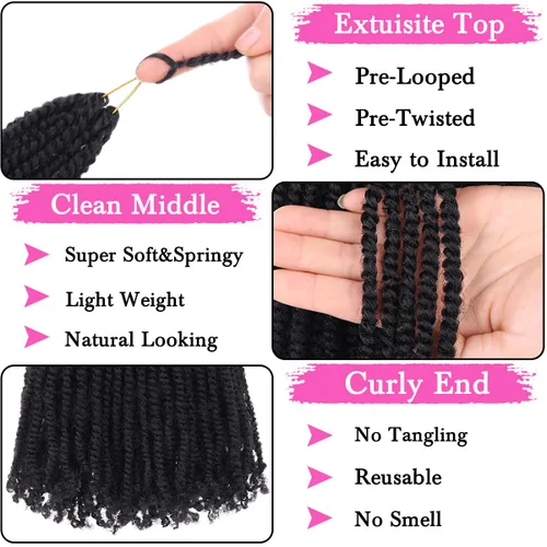 Miniatura 3 de COOKOO 9 paquetes de extensiones de cabello sintético de ganchillo pretrenzado de 6 pulgadas, trenzas mini de pasión preenlazadas, trenzas 1b#