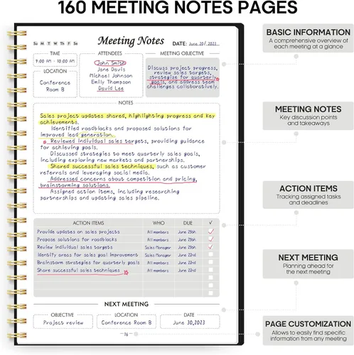 Miniatura 2 de Cuaderno de reuniones para organización del trabajo, cuaderno de trabajo con artículos de acción, agenda para tomar notas, 160 páginas