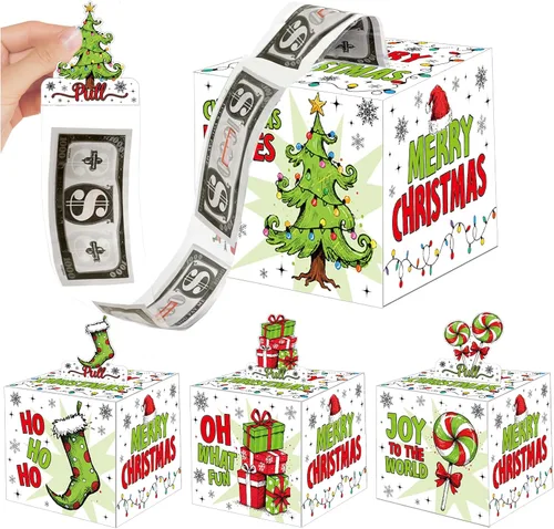 Miniatura 8 de Paquete de 4 cajas de dinero de Navidad para tirar de regalo en efectivo, árbol de Navidad, muñeco de nieve, Papá Noel y alce, cajas de regalo