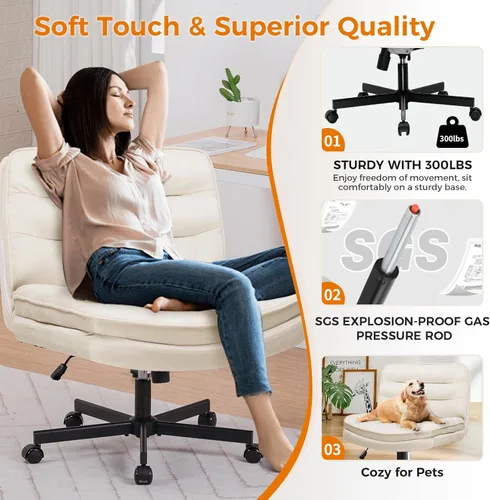 Miniatura 6 de COMHOMA Silla cruzada con ruedas, silla de oficina con patas cruzadas sin brazos, silla de escritorio ancha para oficina en casa, silla giratoria