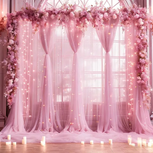 Miniatura 11 de Cortina de telón de fondo de tul negro de 10 x 10 pies con cadena de luces para fiestas, cortinas de fondo de fotos transparentes para bodas