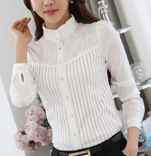 Miniatura 3 de Blusa estilo vintage con manga larga de encaje elástico con cuello de botón para mujer