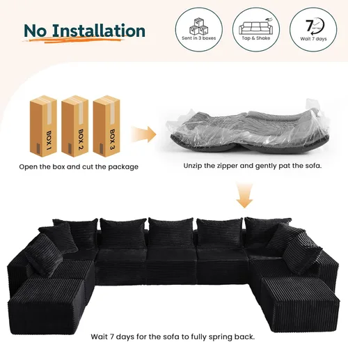 Miniatura 8 de MODNEST Sofá cama de 9 plazas, sofá modular sin hueso, sofá seccional de nube, sofás seccionales para sala de estar, sofás en forma de U con Negro